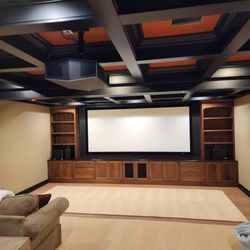 Gfa Kitchen And Bath - Entertainment room with custom walnut cabinetry and coffered ceiling integrated into the cabinetry.