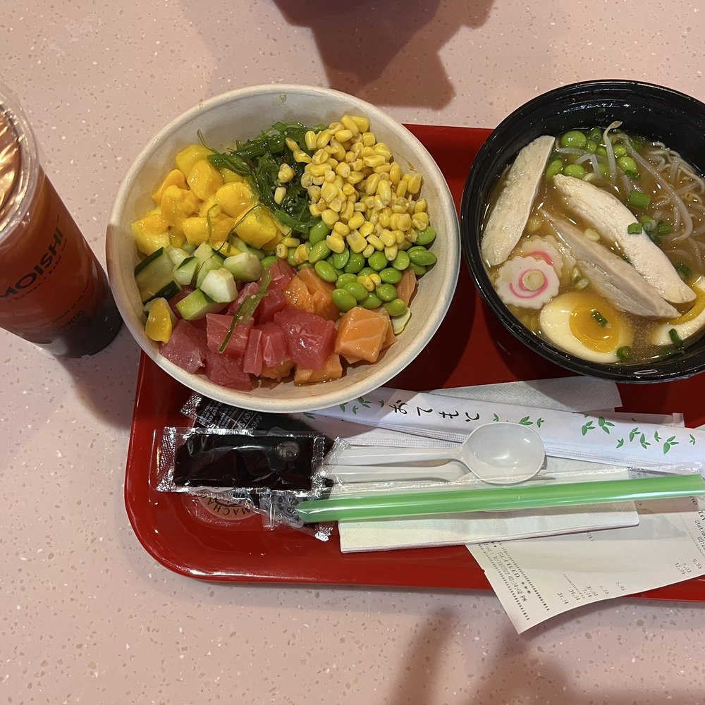 Domoishi - I got a Poke Bowl Pick 2 and my boyfriend got a ramen bowl and to drink we got a peach berry tea with boba. - Poke Near Me - Chesterfield, Virginia