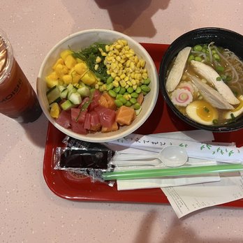 Domoishi - I got a Poke Bowl Pick 2 and my boyfriend got a ramen bowl and to drink we got a peach berry tea with boba. - Poke Near Me - Chesterfield, Virginia Domoishi - I got a Poke Bowl Pick 2 and my boyfriend got a ramen bowl and to drink we got a peach berry tea with boba. - Poke Near Me - Chesterfield, Virginia