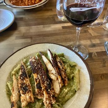 Waters Edge Winery Havasu - Basil Pesto Pasta with Grilled Chicken added extra... delicious and flavorful! - Salad Near Me - Lake Havasu, Arizona Waters Edge Winery Havasu - Basil Pesto Pasta with Grilled Chicken added extra... delicious and flavorful! - Salad Near Me - Lake Havasu, Arizona