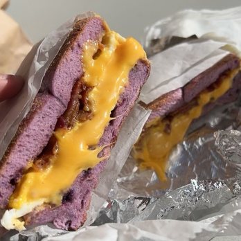 Finn's Bagels - Bacon, Egg & Cheese on a Blueberry Bagel. One of the best I've tried - Coffee & Tea Near Me - New York, New York Finn's Bagels - Bacon, Egg & Cheese on a Blueberry Bagel. One of the best I've tried - Coffee & Tea Near Me - New York, New York