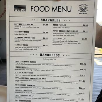 First Line Brewing - One page food menu - Breweries Near Me - Orchard Park, New York