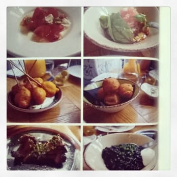 Iberica - Three dish meal. Left: Tomato salad, chorizo lollypops, iberian pork loin. Right: Chickpea puree, cod fritters, black rice - Wine Bars Near Me - Marylebone, XGL