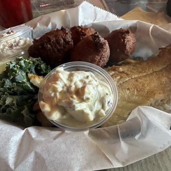 The Old Fish House Bar and Grill - "Grilled" redfish with over fried hush puppies - American Near Me - Grant, Florida The Old Fish House Bar and Grill - "Grilled" redfish with over fried hush puppies - American Near Me - Grant, Florida