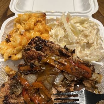 Sassa Bienne Afro Caribbean Restaurant - Jerk salmon with Mac n Cheese and Cole Slaw - Caribbean Near Me - Evesham, New Jersey