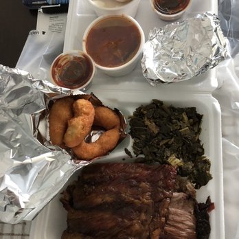 Bar-B-Que House - The Granddaddy Plate uncovered. Ribs, brisket and pork with greens. Hushpuppies came with. - Barbeque Near Me - Surfside Beach, South Carolina Bar-B-Que House - The Granddaddy Plate uncovered. Ribs, brisket and pork with greens. Hushpuppies came with. - Barbeque Near Me - Surfside Beach, South Carolina