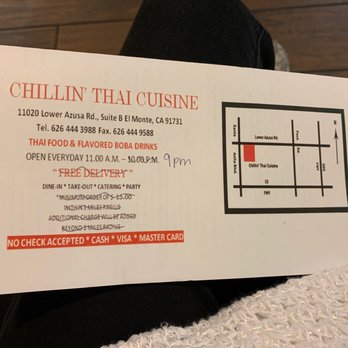 Chillin' Thai Cuisine - Front menu. New hours 11am/ 9pm - Thai Near Me - El Monte, California