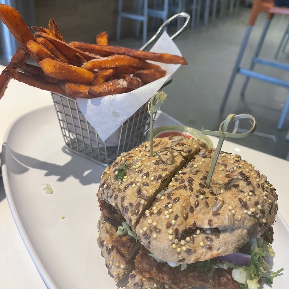 Chicken Burger with sweet potato fries
