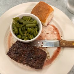 Sadler's Kitchen - Wagyu Flat Iron Steak w/green beans and a soggy-bottomed dinner roll. Ordered Medium Rare but was slightly overcooked, but seasoned well.
