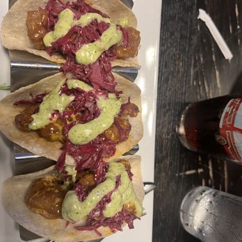 Oakdale Brew House - Bang Bang Shrimp Taco with Caesar salad - New American Near Me - Oakdale, New York