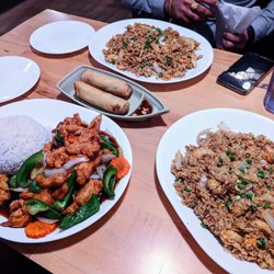 Bangkok Thai Cuisine - Orange chicken, veggie egg rolls, and shrimp fried rice.