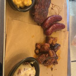 St. Louis Rib, Red Hot Sausage, Brisket Burnt Ends, Homemade Macaroni and Cheese, Roasted Garlic Mashed Potato