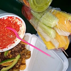 Neveria Arcoiris - Fresh Fruit Cup.+ Cucumber , Elotes + Hot Cheetos , Carne Asada Nachos + Guacamole. Red&Green Chile Sauces .
