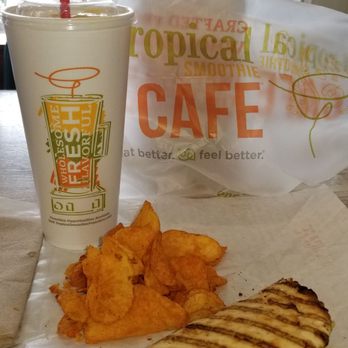 Tropical Smoothie Cafe - Mango Turmeric smoothie and Cali chicken club flatbread - Sandwiches Near Me - Plantation, Florida Tropical Smoothie Cafe - Mango Turmeric smoothie and Cali chicken club flatbread - Sandwiches Near Me - Plantation, Florida