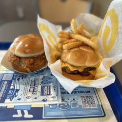 Culver's - ButterBurger Cheese & Crinkle Cut Fries, Crispy Chicken Sandwich.