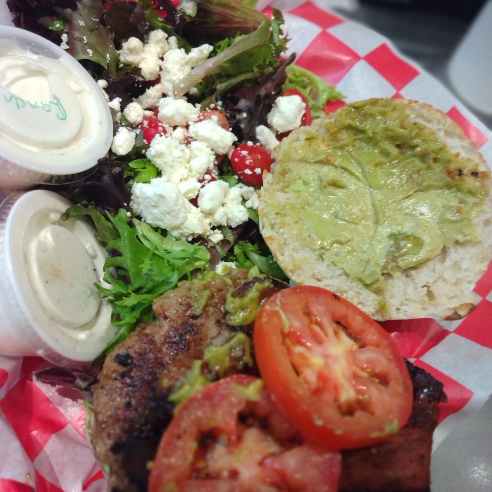 5 Ate Cafe - Turkey burger with avocado, lettuce, tomato & side salad. - Pizza Near Me - Spring, Texas