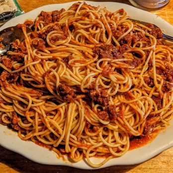 Vince's Spaghetti - Full spaghetti plate with meat sauce. - Italian Near Me - Rancho Cucamonga, California Vince's Spaghetti - Full spaghetti plate with meat sauce. - Italian Near Me - Rancho Cucamonga, California