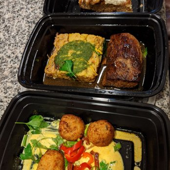Roost - (BOTTOM to TOP): Bacalao fritters, steak, and apple cake - New American Near Me - Houston, Texas Roost - (BOTTOM to TOP): Bacalao fritters, steak, and apple cake - New American Near Me - Houston, Texas