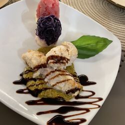 Lido Charly - Rolled swordfish with chopped pistachios & dark purple cabbage on mashed potatoes (the sushi grade fish was a bonus this night).