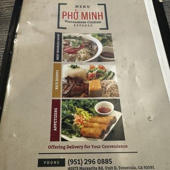 Pho Minh - Menu from Pho Minh in Temecula features pho, rice dishes, and appetizers, with images of each category and contact information. - Soup Near Me - Temecula, California