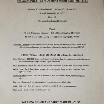 Six South Pizza - Soft opening menu - Chicken Wings Near Me - Cuba, New York Six South Pizza - Soft opening menu - Chicken Wings Near Me - Cuba, New York