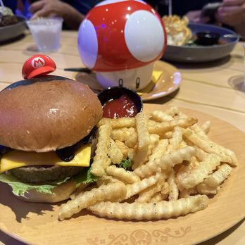 Toadstool Cafe - Mario burger (with impossible meat) and mushroom soup - Cafes Near Me - Universal City, California Toadstool Cafe - Mario burger (with impossible meat) and mushroom soup - Cafes Near Me - Universal City, California