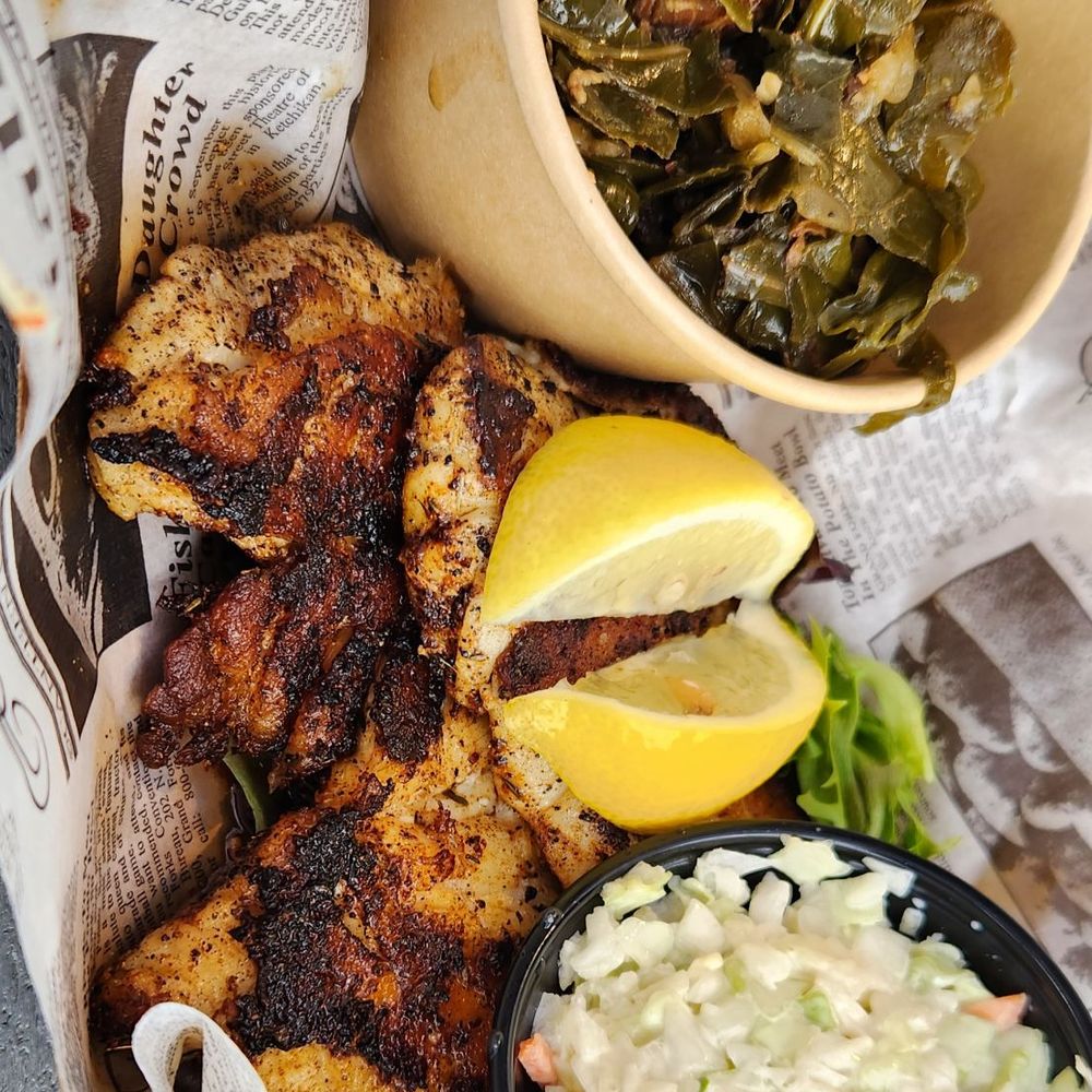 Grouper Shack - Blackened grouper with coleslaw and collard greens - Seafood Near Me - Jacksonville Beach, Florida