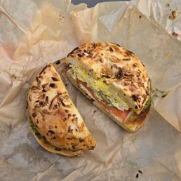 Egg, cheese, avacado and tomato bagel