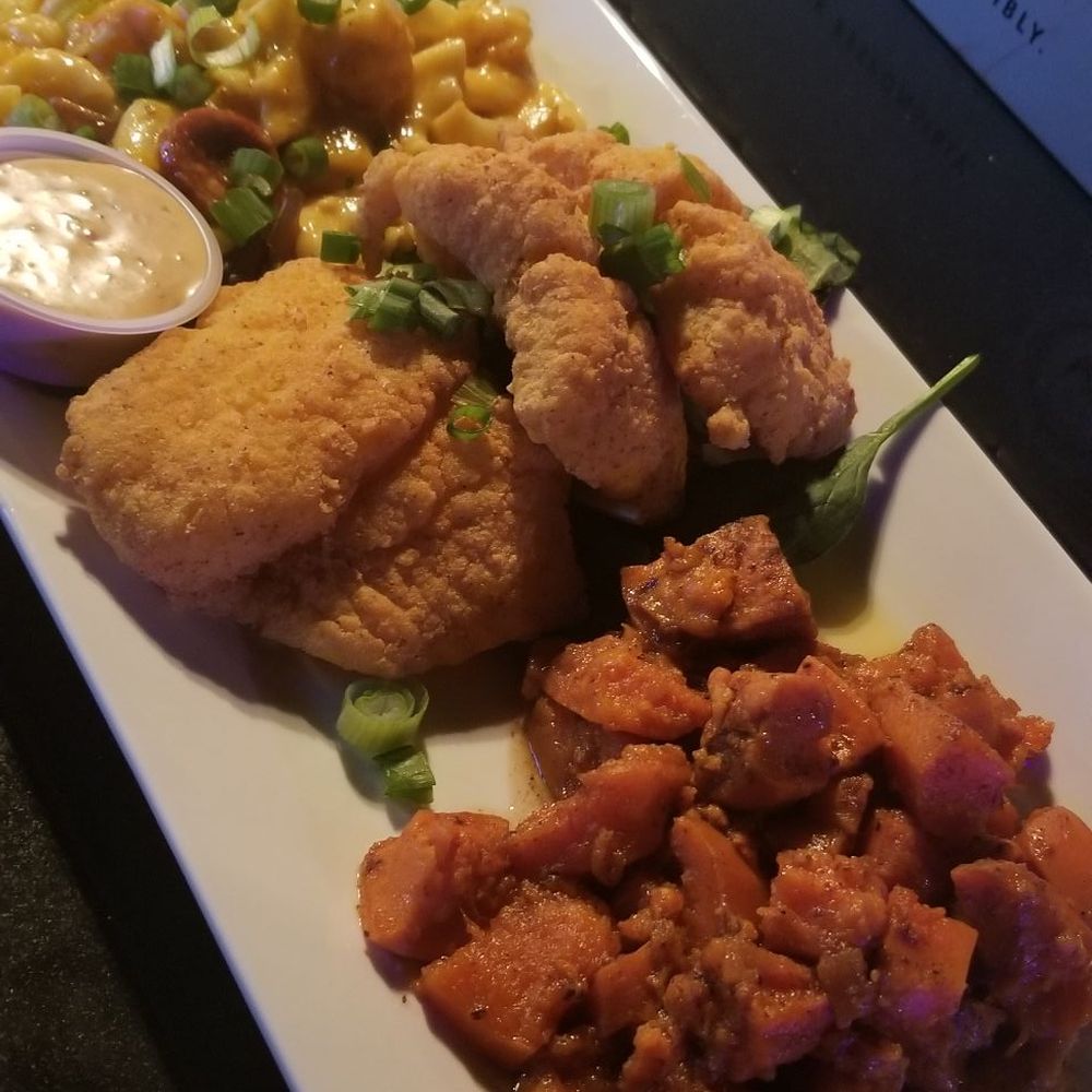 Roux and Vine's catfish dinner w/ jambalaya mac n cheese & yamz Roux and Vine's catfish dinner w/ jambalaya mac n cheese & yamz