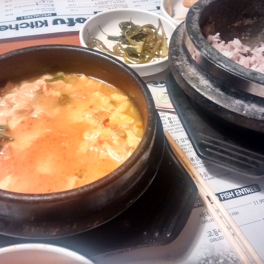 Tofu Kitchen - Authentic Tofu stone bowl (mild) w/pork and stone bowl of rice. Yummy! - Korean Near Me - Johns Creek, Georgia Tofu Kitchen - Authentic Tofu stone bowl (mild) w/pork and stone bowl of rice. Yummy! - Korean Near Me - Johns Creek, Georgia