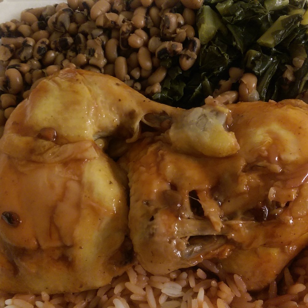 Dinner bbq chicken with collar green & black eye peas Dinner bbq chicken with collar green & black eye peas