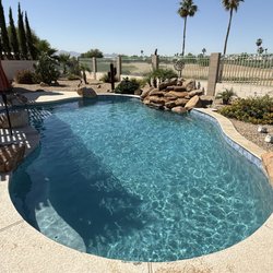 New remodel job completed in Goodyear Arizona. New waterline tile installation and new interior Pebble Sheen Aqua Blue.