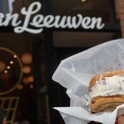 Van Leeuwen Ice Cream - Denver - Ross got a Chocolate Chip Cookie Ice Cream Sandwich made with Mint Chocolate Chip ice cream.