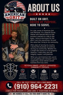 Veteran-Owned Service You Can Trust - Experience the difference of a business built on hard work and integrity. American Grit Junk Removal is proud to be veteran-owned and community-focused. We serve our neighbors with respect, reliability, and the kind of attention to detail you can count on every time. Whether you need a full cleanout or have a simple hauling job, our team has the right equipment and the right attitude to get it done. Choose local, choose veteran-owned, and enjoy service that goes above and beyond for every customer.