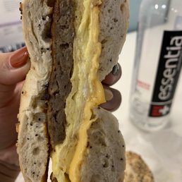 Turkey sausage, egg, & cheese on everything bagel. Turkey sausage, egg, & cheese on everything bagel.