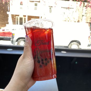 Tea and Milk - The Happy Drink (strawberry and peach with boba) - Bubble Tea Near Me - Astoria, New York Tea and Milk - The Happy Drink (strawberry and peach with boba) - Bubble Tea Near Me - Astoria, New York