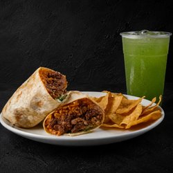 Fuego Cravings - Burrito Special with your choice of meat, crispy chips & a refreshing drink packed with bold Mexican flavor