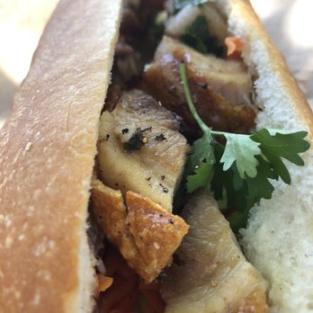Jonty's Vietnamese Eatery - Pork belly banh mi with pate- close up of the crispy skin - Vietnamese Near Me - Morgan Hill, California