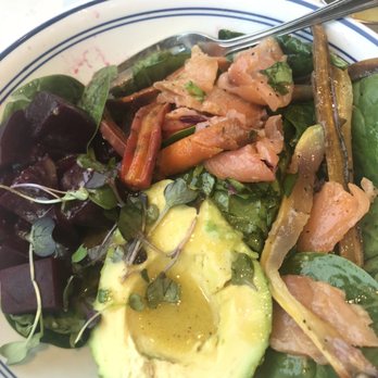 Bluestone Lane West End Café - Pickled beets and carrots, avocado, and smoked salmon over spinach. Sorry I already cut up the salmon before I took the picture. - Coffee & Tea Near Me - Washington, DC, District of Columbia Bluestone Lane West End Café - Pickled beets and carrots, avocado, and smoked salmon over spinach. Sorry I already cut up the salmon before I took the picture. - Coffee & Tea Near Me - Washington, DC, District of Columbia