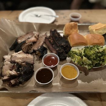 Fette Sau - From left to right: pork belly, brisket, and bison rib. Side of the broccoli salad - Barbeque Near Me - Brooklyn, New York
