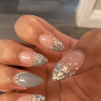 DN Nails & Spa - $80 Full Set Acrylic w/Gel. Grey & Silver Glitter Polish, Almondish-Stiletto Shape, & accent nail w/ rhinestones. - Nail Salons Near Me - Las Vegas, Nevada