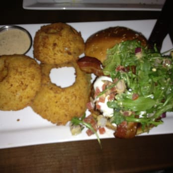 Eureka! - Panko crusted onion rings (too damn big) and top of Fresno Fig burger - American Near Me - Hawthorne, California