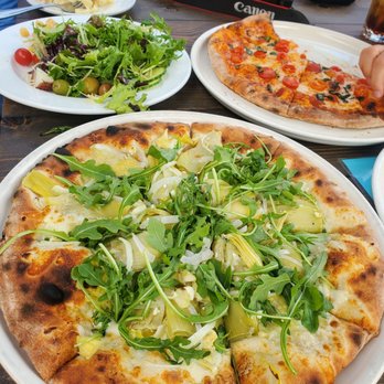 Cecco Ristorante - Biamca (bottom) and one of the half finished Margherita pizzas (top left) - Italian Near Me - Solvang, California