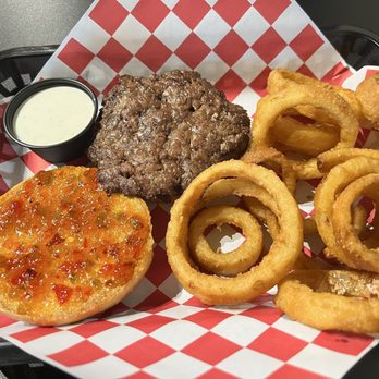Smash & Grab Burger - Pepper Jelly Smash! It has cream cheese on it with the pepper jelly! Not too spicy, perfectly balanced! Onion rings were delicious! - Burgers Near Me - Knoxville, Iowa