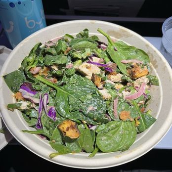 Just Salad - half spinach half super greens blend, sweet potatoes, edamame, pickled onions, beets, oven roasted chicken, cucumber tzatziki sauce - Salad Near Me - Delray Beach, Florida