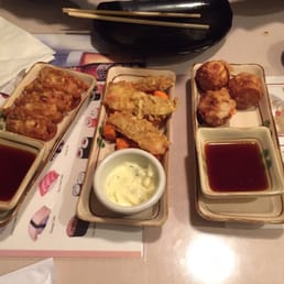 Gyoza, shiu mai, and fish and chips Gyoza, shiu mai, and fish and chips