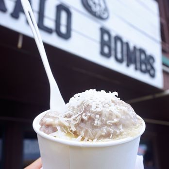 Kalo Bombs - Pa'i 'Ai Bomb: fresh kalo pa'i 'ai (i.e. pounded taro) (4oz), choice of ice cream, niu (i.e. coconut) cream, niu flakes ($10). - Ice Cream & Frozen Yogurt Near Me - Waianae, Hawaii