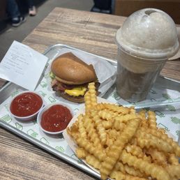 GF avocado bacon burger with fries and root beer float