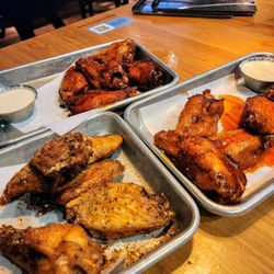 BJ's Restaurant & Brewhouse - Top: Root Beer Glazed. Left: Lemon Pepper Sesame. Right: Hot Honey Buffalo