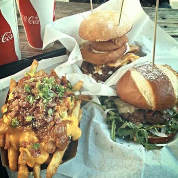 Bop N Grill - Le Brasseire up front, kimchi fries to the left, and Father burger behind. - Burgers Near Me - Chicago, Illinois Bop N Grill - Le Brasseire up front, kimchi fries to the left, and Father burger behind. - Burgers Near Me - Chicago, Illinois